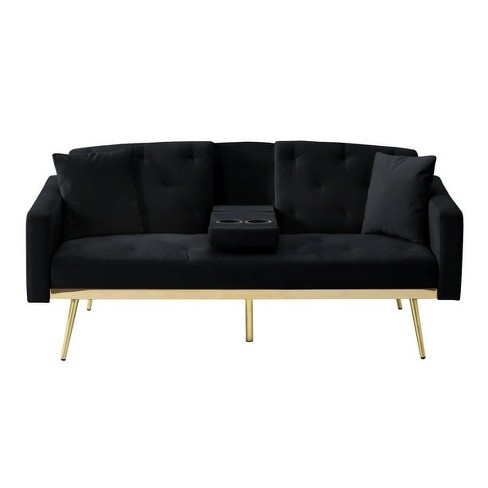 67.7"Futon Convertible Sleeper Sofa,Tufted Back,Square Arms and Golden Tapered Metal Legs,Velvet Twin Futon Sofa,Black - image 1 of 4