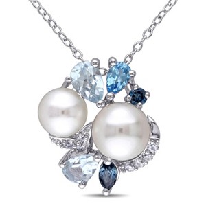 EVERLY JEWELRY | Sterling Silver London, Swiss and Sky Blue Topaz and Created White Sapphire and White Pearl Cluster Pendant - 1 of 4