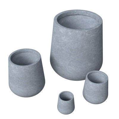 LeisureMod Orchid 4-Piece Fiberstone and Clay Planter Set Decorative Round Plant Pots with Drainage Holes for Home and Garden