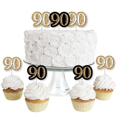 Big Dot of Happiness Adult 90th Birthday - Gold - Dessert Cupcake Toppers - Birthday Party Clear Treat Picks - Set of 24