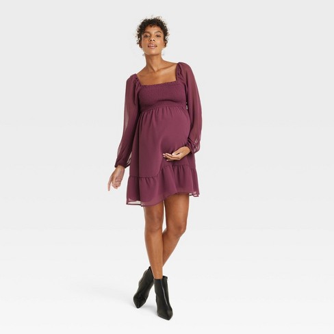 Long Sleeve Smocked Chiffon Mini Maternity Empire Waist Dress