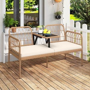 Costway PE Rattan Outdoor Loveseat with Built-in Coffee Table & Soft Cushions for Lawn - 1 of 4