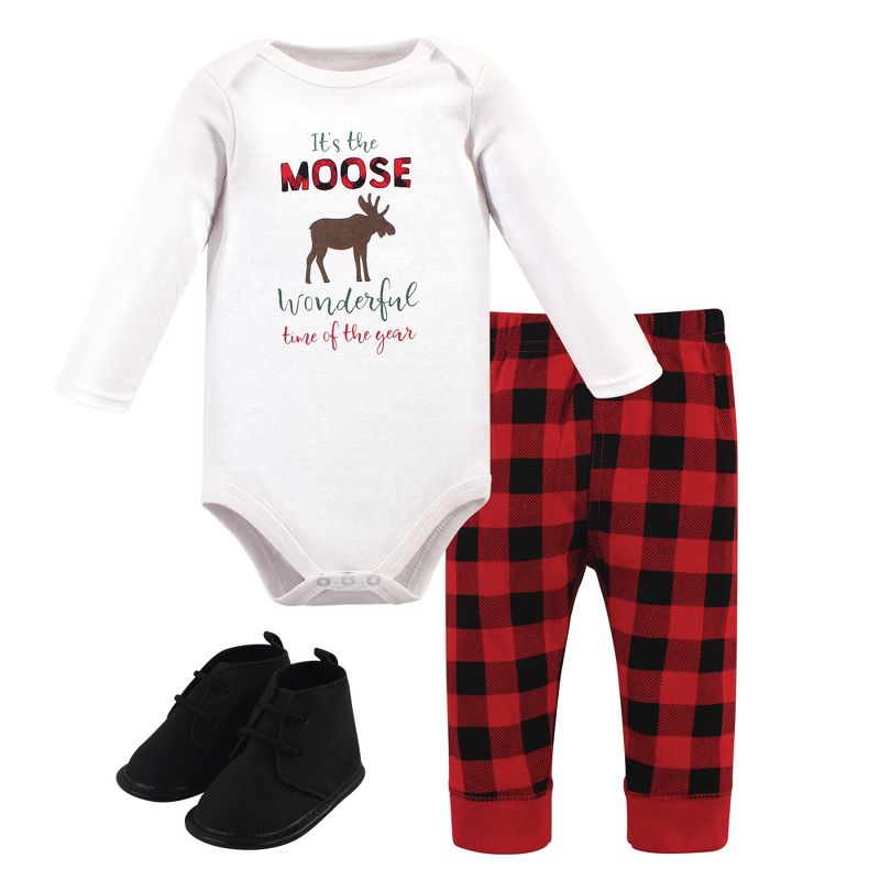 Hudson Baby Infant Boy Cotton Bodysuit, Pant and Shoe 3pc Set, Moose Wonderful Time, 1 of 6