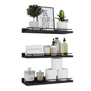 Set of 3 Floating Wall Shelves with Safety Black Metal Guardrail, Rustic Wood Wall Mounted Storage for Bathroom, Kitchen, Bedroom Decor - 1 of 4