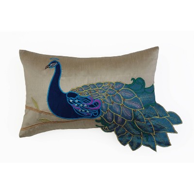 12"x20" Oversize Peacock Embroidered Faux Silk Lumbar Throw Pillow Blue/Green - Decor Therapy