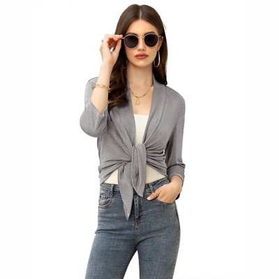 WhizMax Women's Casual 3/4 Sleeve Tie Open Front Cardigans Sheer Draped Ruffles Cardigan