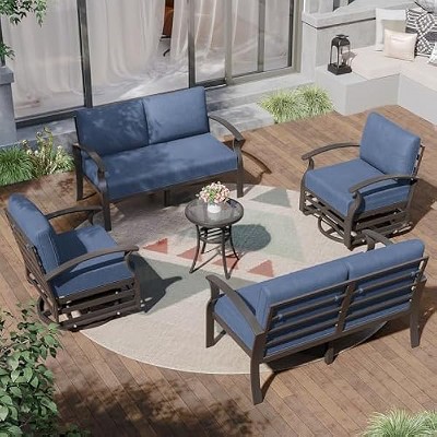 ALAULM Aluminum Patio Furniture Set Modern Metal Outdoor Conversation Sets w/45in Propane Fire Pit Table, Swivel Rocking Chairs w/5.1 Inch Cushion