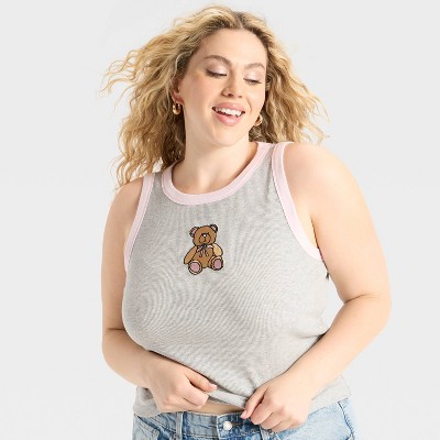 Women's Teddy Bear Graphic Tank Top - Light Gray