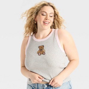 Women's Teddy Bear Graphic Tank Top - Light Gray - 1 of 3