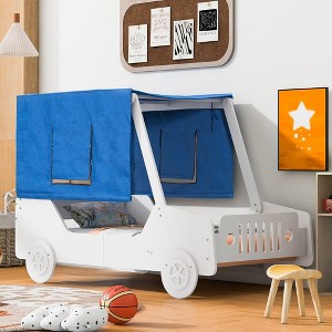 Full/Twin Size Car-Shaped Bed Wood Bed Frame with Tents, Ceiling Cloth and Wheels, 400LBS Weight Capacity for Kids Boys Girls Teens Bedroom - 1 of 4