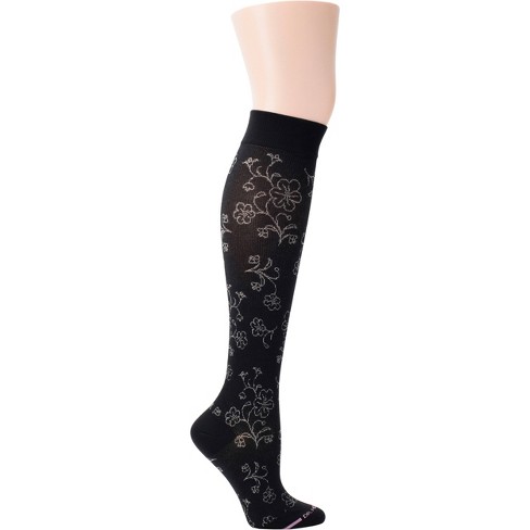 Dr. Motion Women's Mild Compression Floral Dropout Knee High Socks - Black 4-10 - image 1 of 2
