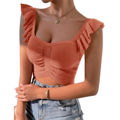 Womens Knit Tube Tops Cap Sleeve Sweet Heart Neckline Sweater Tops Ribbed Sweater Tops