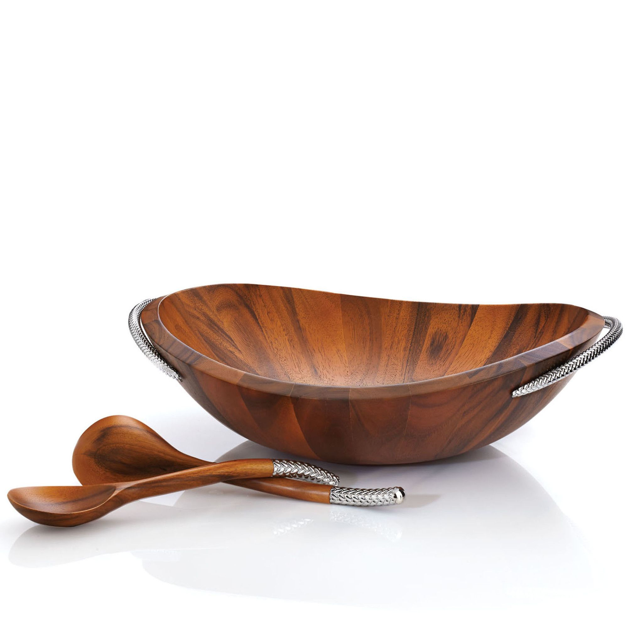 Nambe Braid Salad Bowl with Servers, Acacia Wood Bowl with Chrome Handles, 16" Large Serving Dish with 12” Serving Utensils, By Sean O’Hara