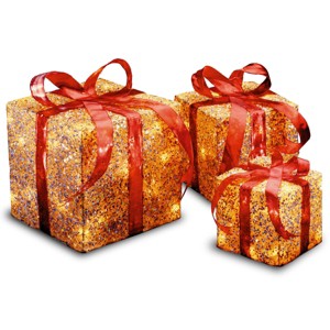 6" 8" and 10" Prelit 3pc Gold Sparkle Gift Boxes with Red Bows Clear Lights - National Tree Company - 1 of 3