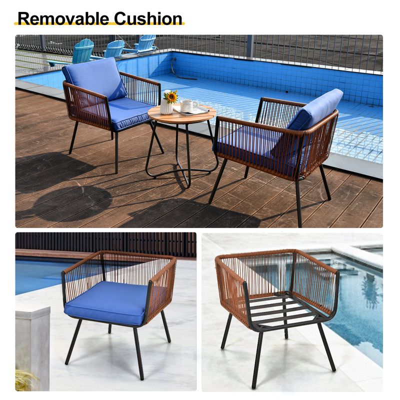Tangkula 3 Pieces Patio Bistro Set Outdoor Conversation Chair Set with Coffee Table Modern Furniture Set with Soft Cushions Blue, 4 of 11