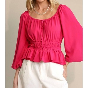 Women's Bubble Sleeve & Elastic Waist With Front Tie Top - GiGiO - 1 of 2