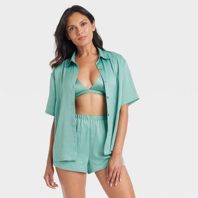 Image of Women's Satin Short Sleeve Notch Collar Top and Shorts Pajama Set - Auden™ Green M