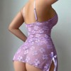 Clotth Women's Lace Teddy Set - Sheer Heart Mesh Underwire Ruched Ruffle Babydoll, Club Strap Lingerie Set with Thong, Purple - 2 of 4
