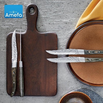 Amefa Lou Laguiole Vulcano Steak Knives, Set of 6, Hardened Hammered Stainless Steel, Triple Rivet Pakka Wood Ergonomic Handle, Serrated Edge 4 Inch