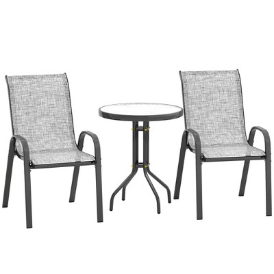 Outsunny 3 Pieces Outdoor Bistro Set, Patio Furniture with Stackable Chairs and Glass Table, High Back Small Patio Set for Balcony, Porch, Gray