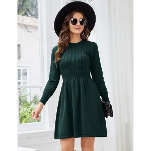 Women's 2025 Long Sleeve Mini Sweater Dress Crewneck Ribbed Knit a Line Pleated Swing Short Dresses - 1 of 4