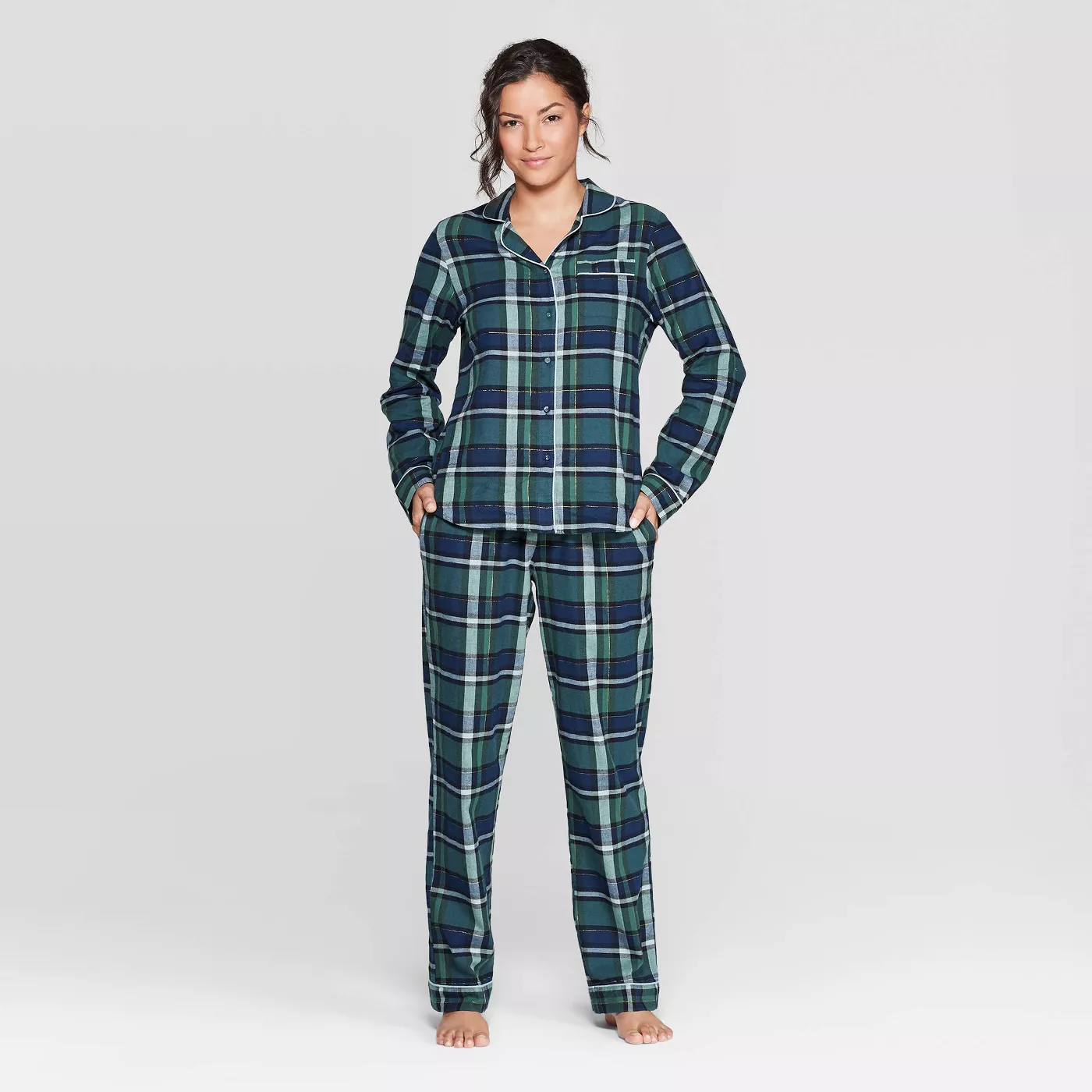 Women's Plaid Perfectly Cozy Flannel Pajama Set - Stars Above™ Green - image 1 of 2