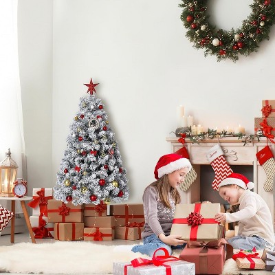 Flocked Artificial Christmas Tree, Prelit with 250 Lights, 8 Light Modes, Easy On/Off Foot Pedal, Foldable Stand