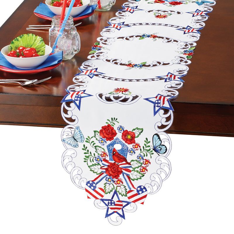 Collections Etc Embroidered Patriotic Birdhouse and Flowers Table Linens Runner, 1 of 4
