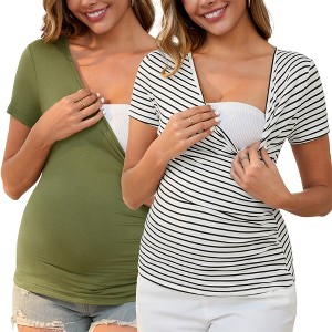 INSPIRE CHIC 2 Pcs Women's Soft Material Faux Wrap Side Ruched Cross V Neck Maternity Top - 1 of 4