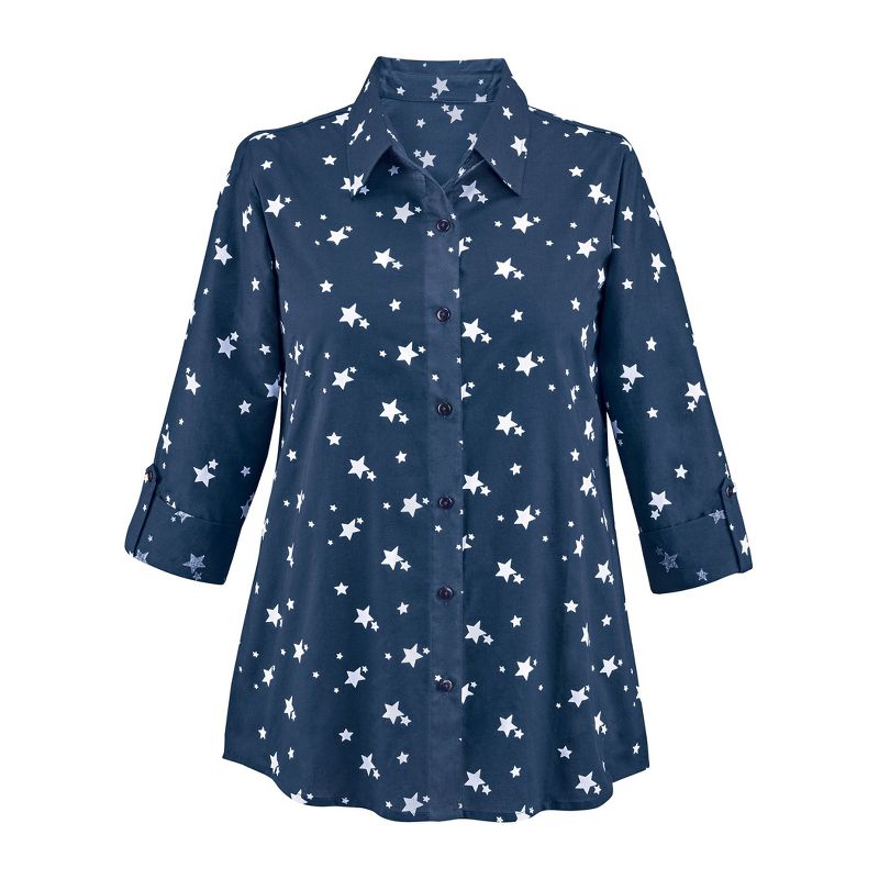 Collections Etc Star Spangled Roll-Tab Sleeves Button Front Shirt, 1 of 6