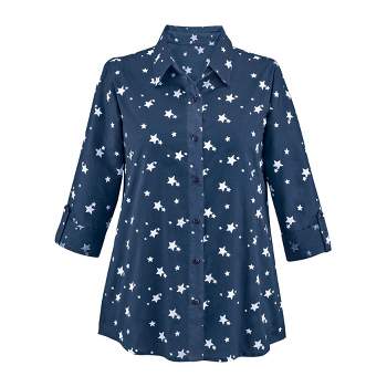 Collections Etc Star Spangled Roll-Tab Sleeves Button Front Shirt