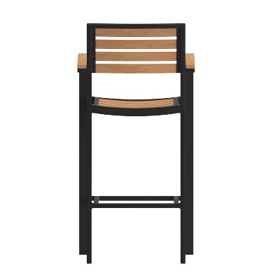 Teak Faux Wood Poly Resin Slatted Bar Height Stool with Aluminum Frame