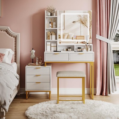 Makeup Vanity Desk with Mirror and Lights, Vanity Table with 5 Drawers