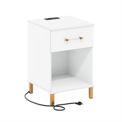 Furinno Tidur End Table, Side Table with USB and Type-C Charging Station, White
