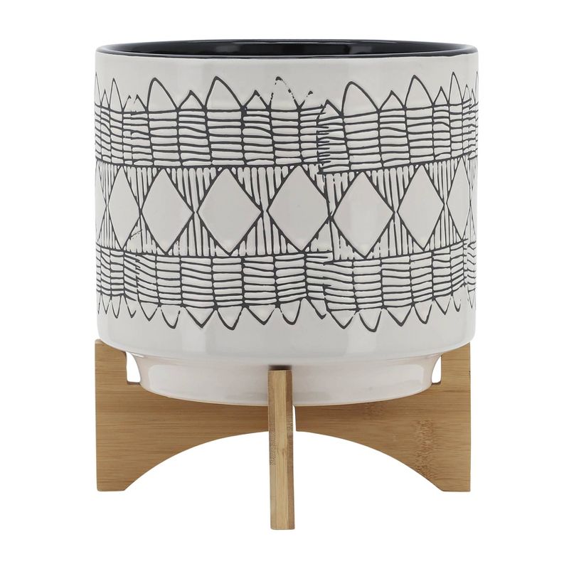 Geometric Ceramic Planter on Wooden Stand - Sagebrook Home, 3 of 12