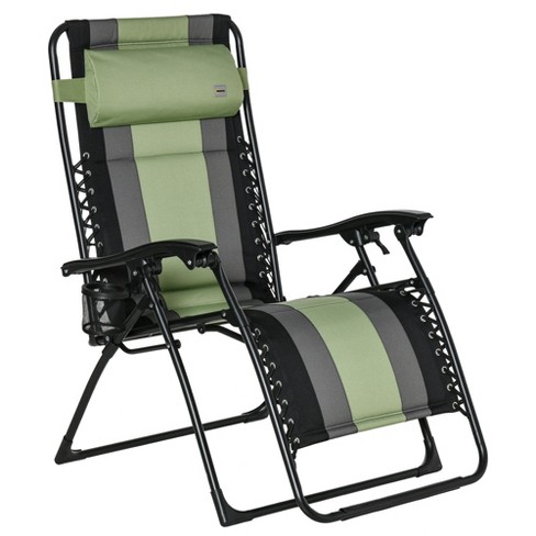 Outsunny XL Oversize Zero Gravity Recliner, Padded Patio Lounger Chair,  Folding Chair with Adjustable Backrest, Cup Holder, Headrest, Striped, Green