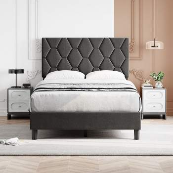 Trinity Bed Frame Upholstered Platform with Headboard and Strong Wooden Slats, Non-Slip and Noise-Free,No Box Spring Needed, Easy Assembly, Gray