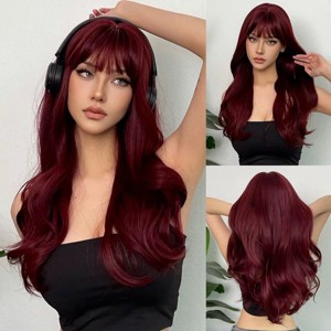Long Wine Red Synthetic Wig Natural Wave Women Wig With Bangs Cosplay Party Red Hair Heat Resistant Fiber Wig - 1 of 4