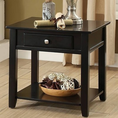 Black Wood Rectangular End Table with Drawer and Shelf