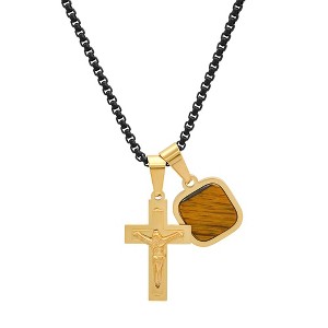 Steeltime 24" two tone black ip and 18k gold plated stainless steel cross and tiger eye dog tag pendant - 1 of 4