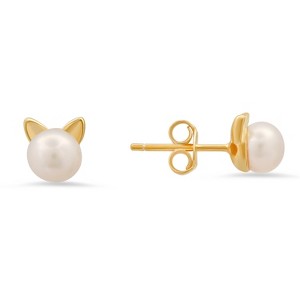 Sterling Silver Kitty Cat Pearl Stud Earrings - 1 of 2