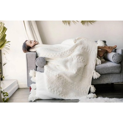 White Braided Tassel Knit Throw Blanket