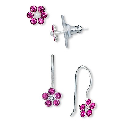 Sterling Silver Lite Rose Crystal Flower with Pearl and Dangle Fish Hook Flower Earrings Set - Silver
