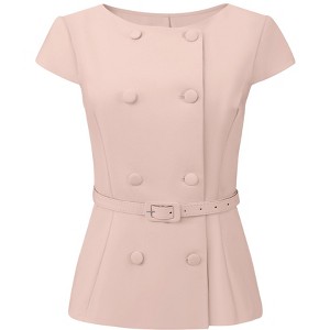 INSPIRE CHIC Women's Double Breasted Button Cap Sleeve Boat Neck Business Peplum Belted Blouses - 1 of 4