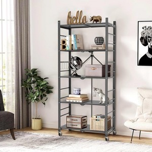 Hooure 5-Tier Folding Shelf - 5 Second Setup, 440 lb Capacity, 20 Hooks & Wheels, Space-Saving - 1 of 4