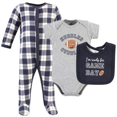 Hudson Baby Infant Boy Cotton Sleep and Play, Bodysuit and Bandana Bib Set, Football Huddles