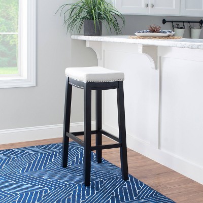 32" White Leather Saddle Style Backless Wood Bar Stool