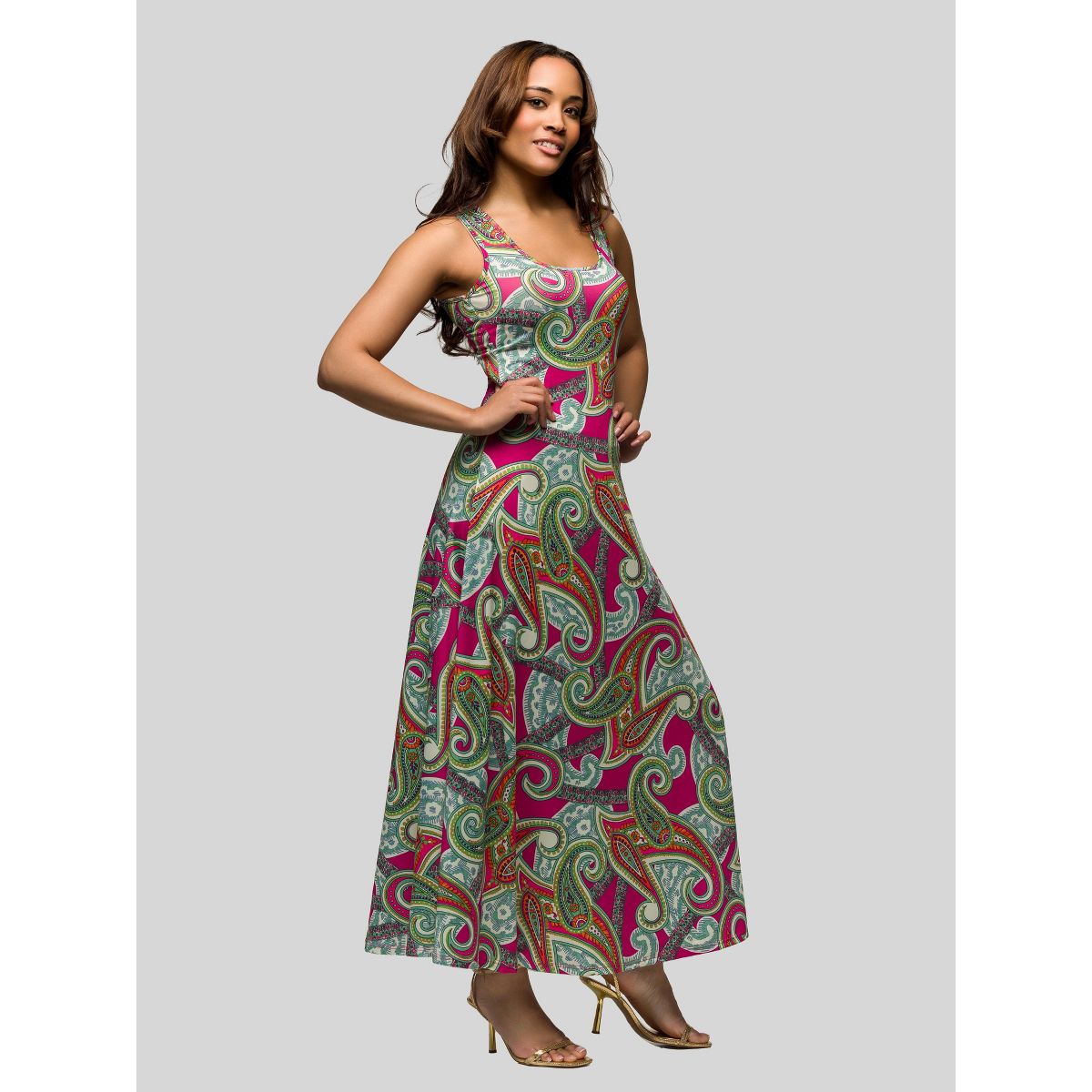24seven Comfort Apparel Womens Hot Pink Paisley Print Scoop Neck A Line Sleeveless Maxi Dress - thumbnail 2