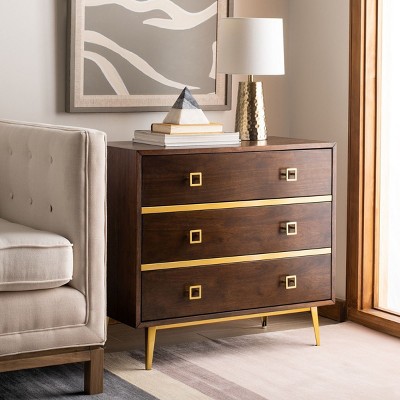 Katia Transitional Walnut 3-Drawer Chest with Gold Accents