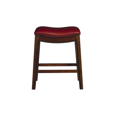 Transitional Red Leather & Wood 24" Saddle Counter Stool
